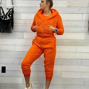 Bright Orange Sherpa Teddy Zip Hoodie + Jogger Set